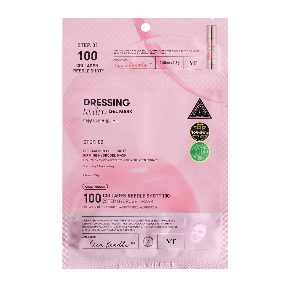Opakowanie VT Collagen Reedle Shot 100 2-Step Hydrogel Mask w różowym designie. Pokazuje krok 1 z Cica Reedle™ i krok 2 z ujędrniającą maską hydrożelową zawierającą CICAHYALON™ i ekstrakt kolagenowy 500Da.