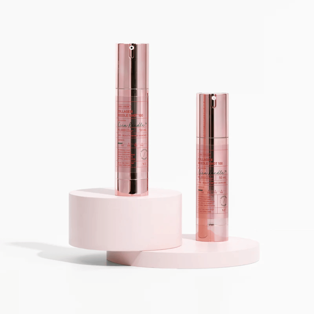 Dwie butelki VT Collagen Reedle Shot 100 w różowym wzorze. Serum ujędrniające z Cica i kolagenem.