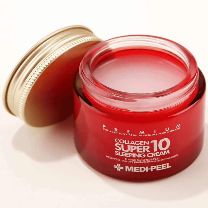 Zbliżenie na MEDI-PEEL Collagen Super 10 Sleeping Cream z żelową konsystencją, która wchłania się w nocy i zapewnia intensywne nawilżenie.