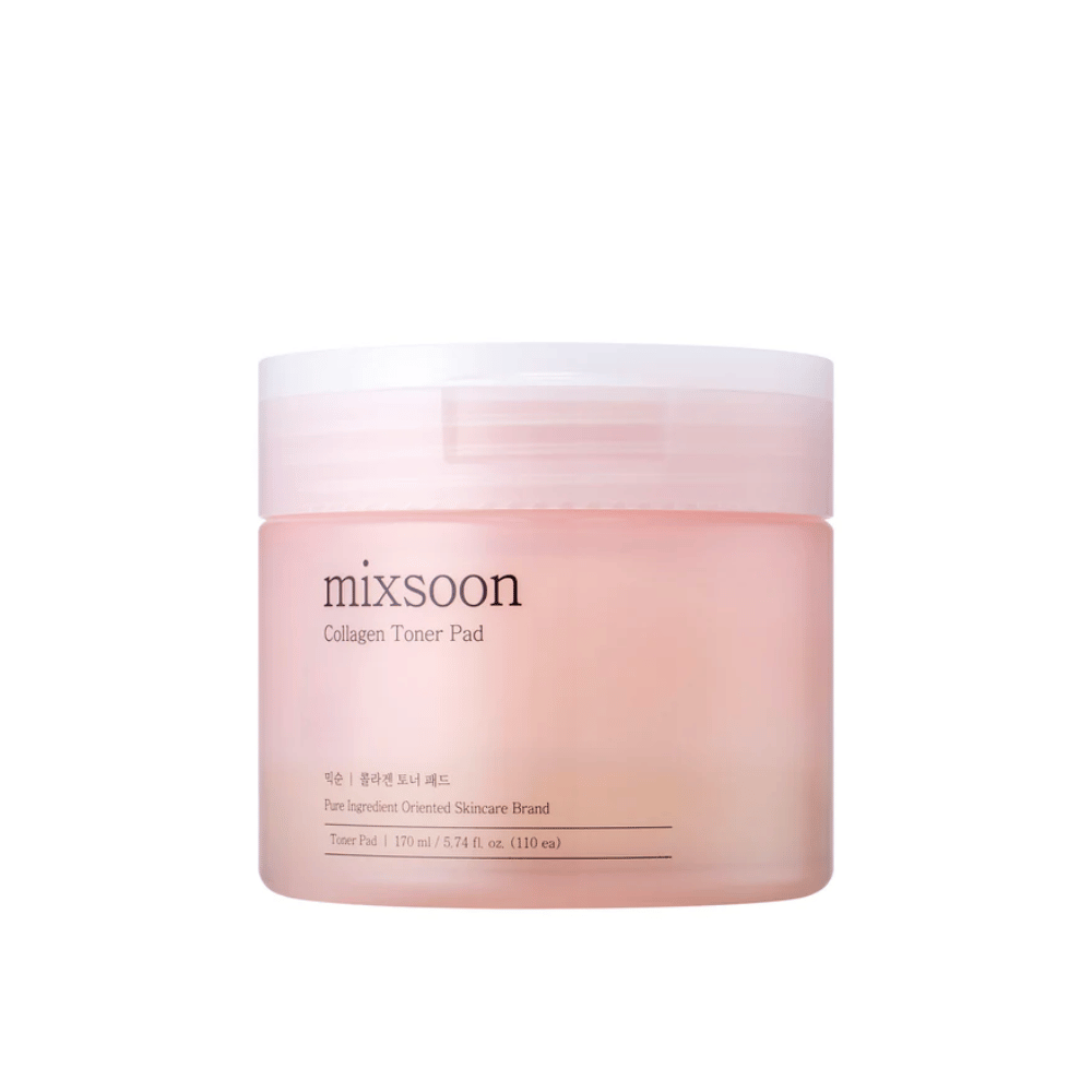 Mixsoon Collagen Toner Pad w eleganckim, różowym słoiku z 110 płatkami – nawilżający toner do codziennej pielęgnacji skóry.