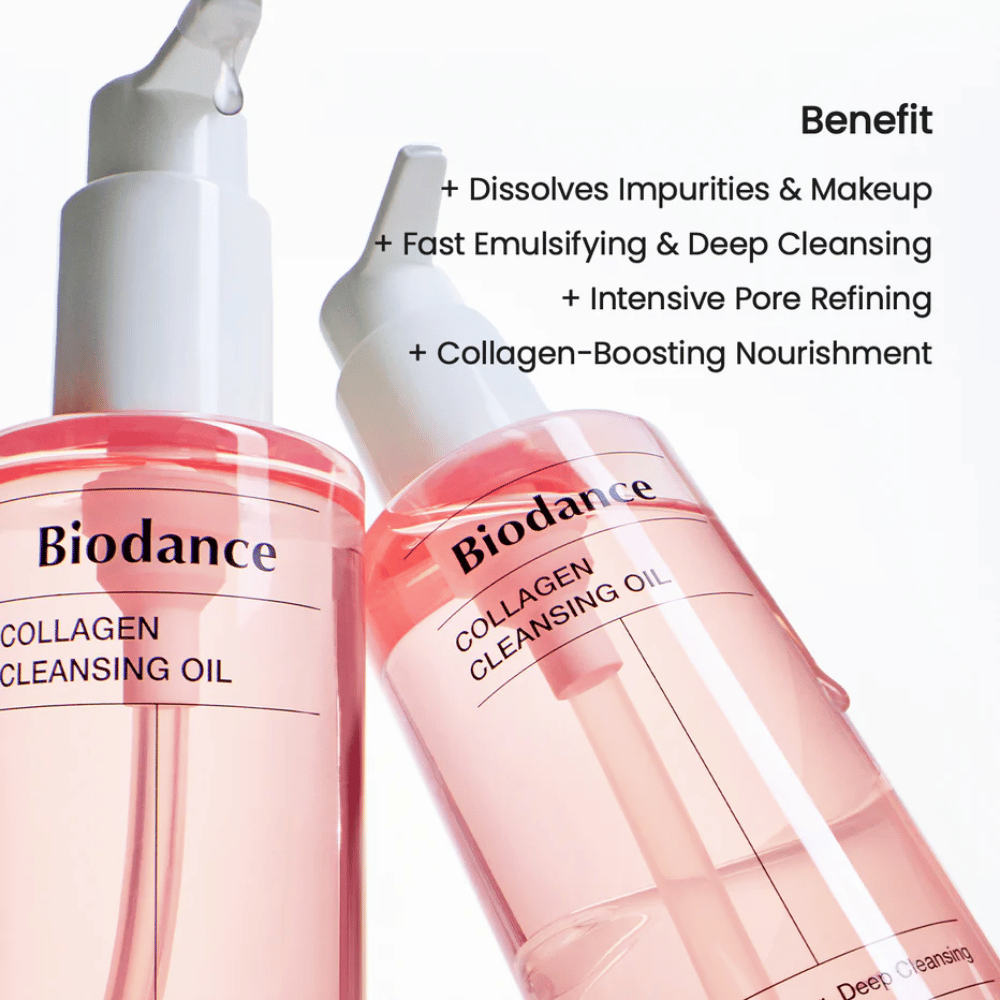 Dwie butelki Biodance Collagen Cleansing Oil z różowym płynem i białą pompką, ustawione na jasnym tle. Tekst wymienia zalety takie jak głębokie oczyszczanie, usuwanie makijażu i wsparcie kolagenu.