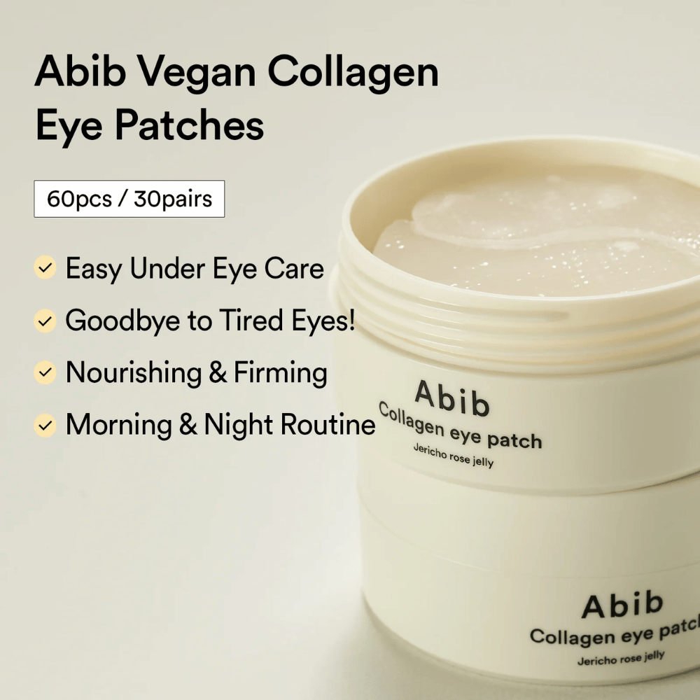 Abib Collagen Eye Patch Jericho Rose Jelly w otwartym słoiku z widocznymi płatkami pod oczy. Tekst opisuje zalety takie jak łatwa pielęgnacja zmęczonych oczu, efekt ujędrniający i stosowanie rano i wieczorem. 60 sztuk / 30 par.