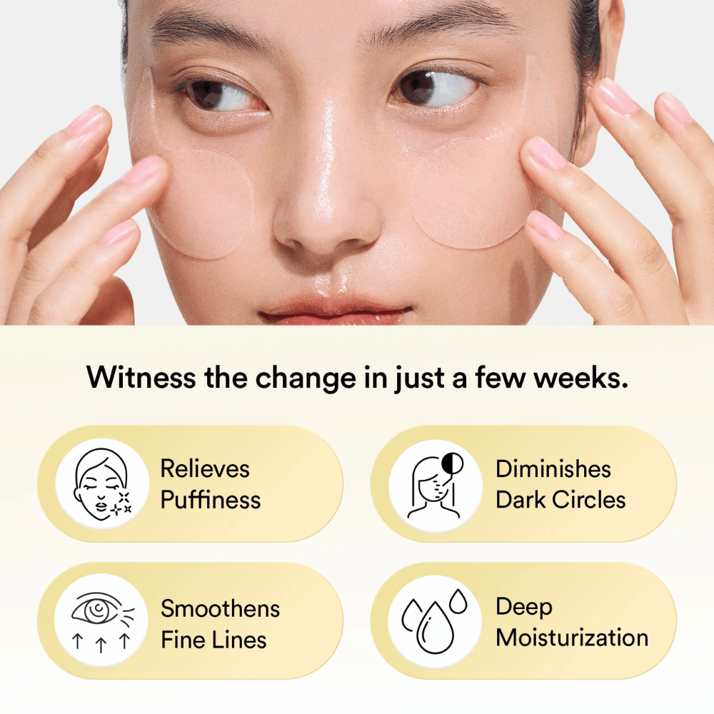 Zbliżenie na kobietę nakładającą Abib Collagen Eye Patch Jericho Rose Jelly pod oczy. Ikony i tekst pokazują efekty produktu: zmniejsza opuchliznę, redukuje cienie pod oczami, wygładza drobne linie i intensywnie nawilża.