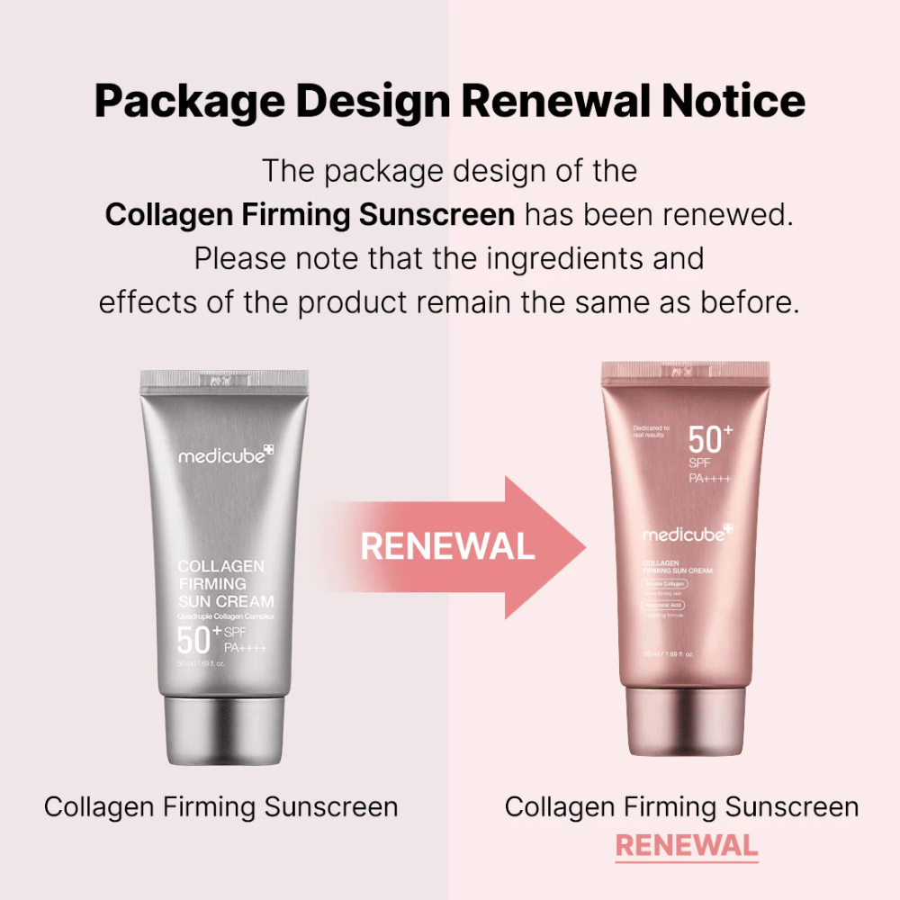 Medicube Collagen Firming Sunscreen ma nowy design opakowania – z srebrnej tuby na różowo-złotą, z tymi samymi składnikami i efektem jak wcześniej.