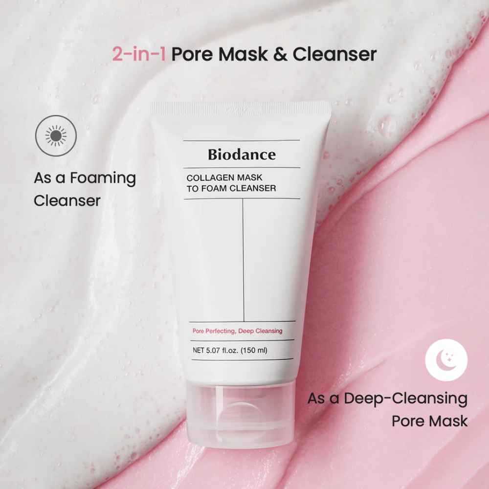 Zdjęcie Biodance Collagen Mask to Foam Cleanser umieszczone na różowej i białej teksturze czyszczącej. Produkt opisany jako 2-w-1 maska oczyszczająca pory i pieniący się środek czyszczący.