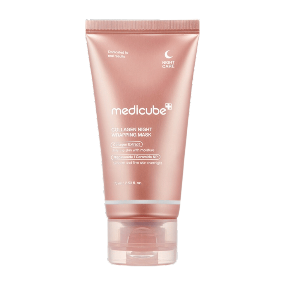Medicube Collagen Night Wrapping Mask, nocna maska z ekstraktem z kolagenu, która nawilża i wzmacnia skórę przez noc. Zawiera niacynamid i ceramid NP dla gładszej i jędrniejszej skóry. Zawartość: 75 ml.