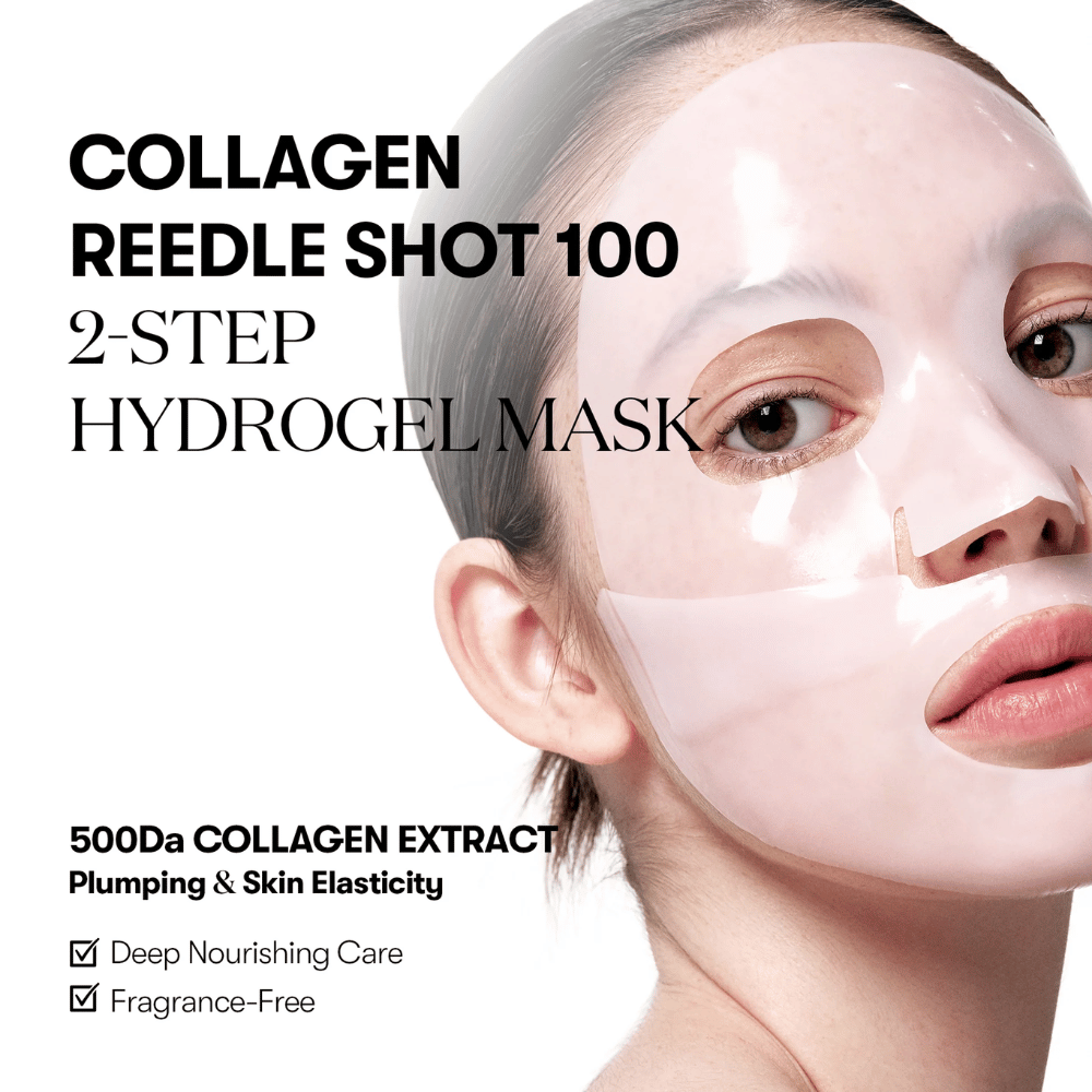 Zbliżenie na kobietę noszącą przezroczystą 2-etapową maskę hydrożelową. Tekst na obrazie promuje "Collagen Reedle Shot 100" z ekstraktem kolagenowym 500Da dla elastyczności skóry, a także informuje, że produkt jest bezzapachowy i zapewnia głębokie odżywienie.