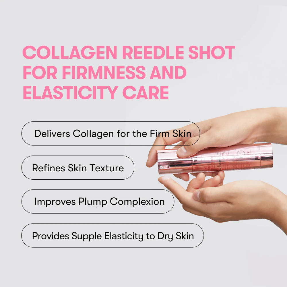Osoba trzyma VT Collagen Reedle Shot 100. Serum wzmacnia jędrność skóry, poprawia teksturę i zapewnia pełną elastyczność.