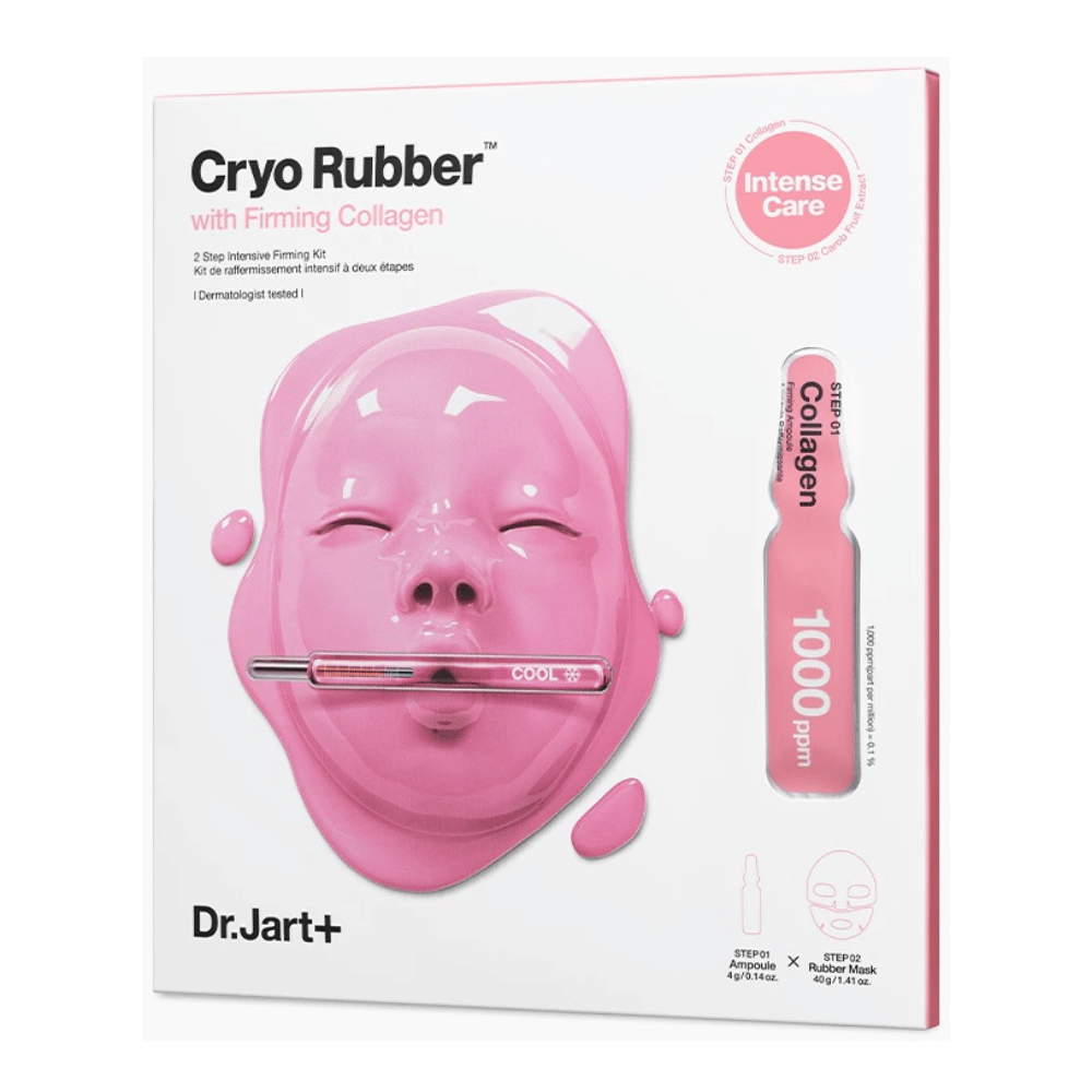 Obraz produktu Dr.Jart+'s Cryo Rubber™ z ujędrniającym kolagenem, pokazuje różową maskę na twarz i opis zawartości.