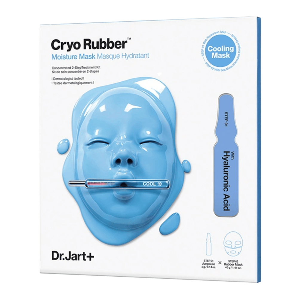 Opakowanie Dr.Jart+ Cryo Rubber Moisture Mask z niebieską maską na twarz i ampułką z kwasem hialuronowym, oznaczone jako "Cooling Mask" oraz przewodnik krok po kroku.