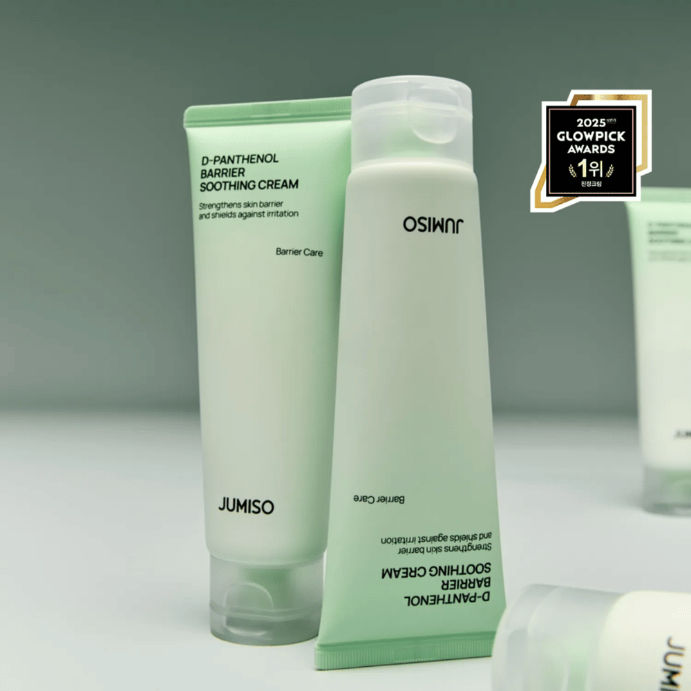 Jumiso D-Panthenol Barrier Soothing Cream w tubce z zakrętką, sfotografowana z boku z logo Glowpick Awards 2025.