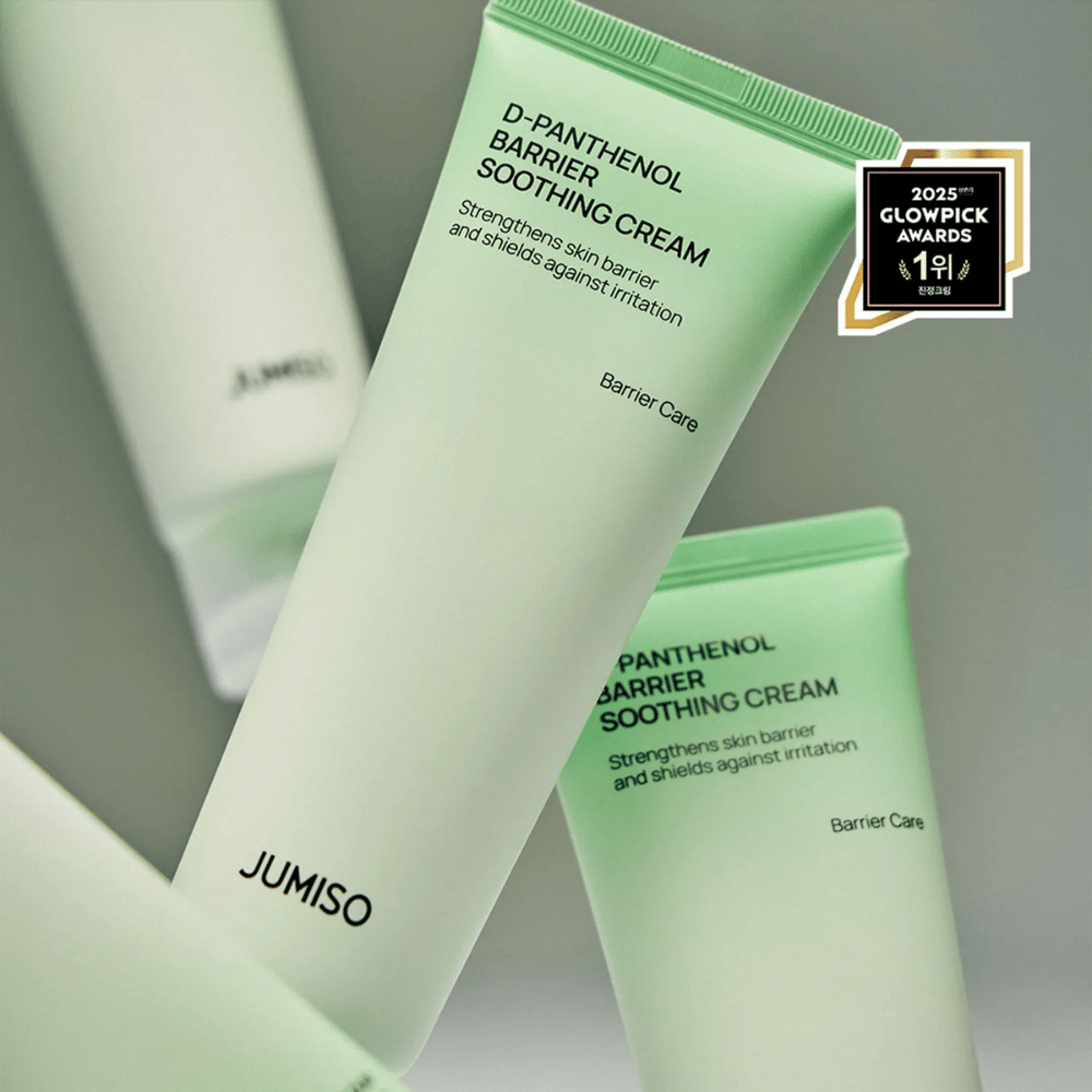 Zbliżenie na Jumiso D-Panthenol Barrier Soothing Cream w zielonej tubce, zwycięzca Glowpick Awards 2025.