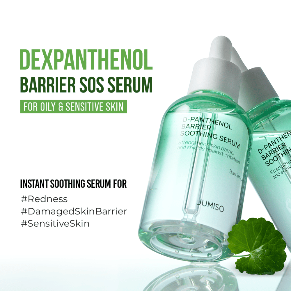 Zdjęcie produktu Jumiso D-Panthenol Barrier Soothing Serum z tekstem o efekcie SOS dla wrażliwej skóry, zaczerwienień i uszkodzonej bariery ochronnej skóry.