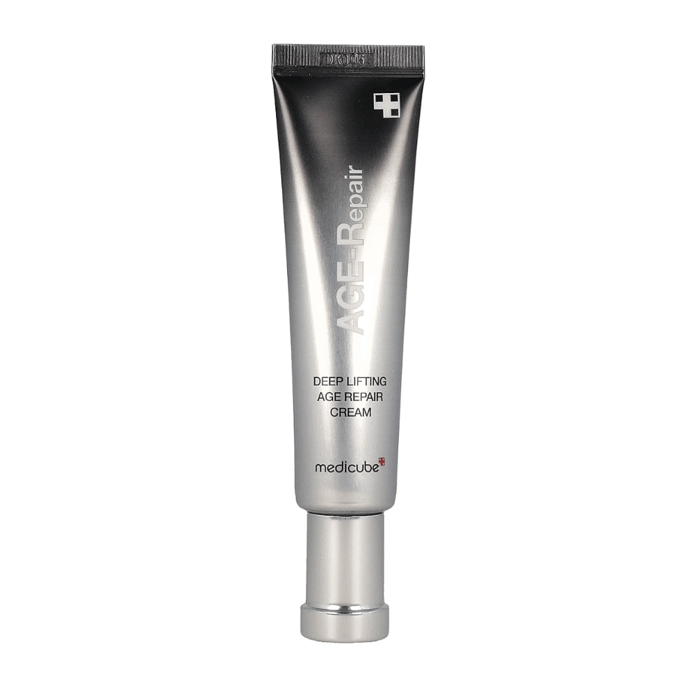Zdjęcie produktu Medicube Deep Lifting Age Repair Cream w srebrnej tubie na białym tle.