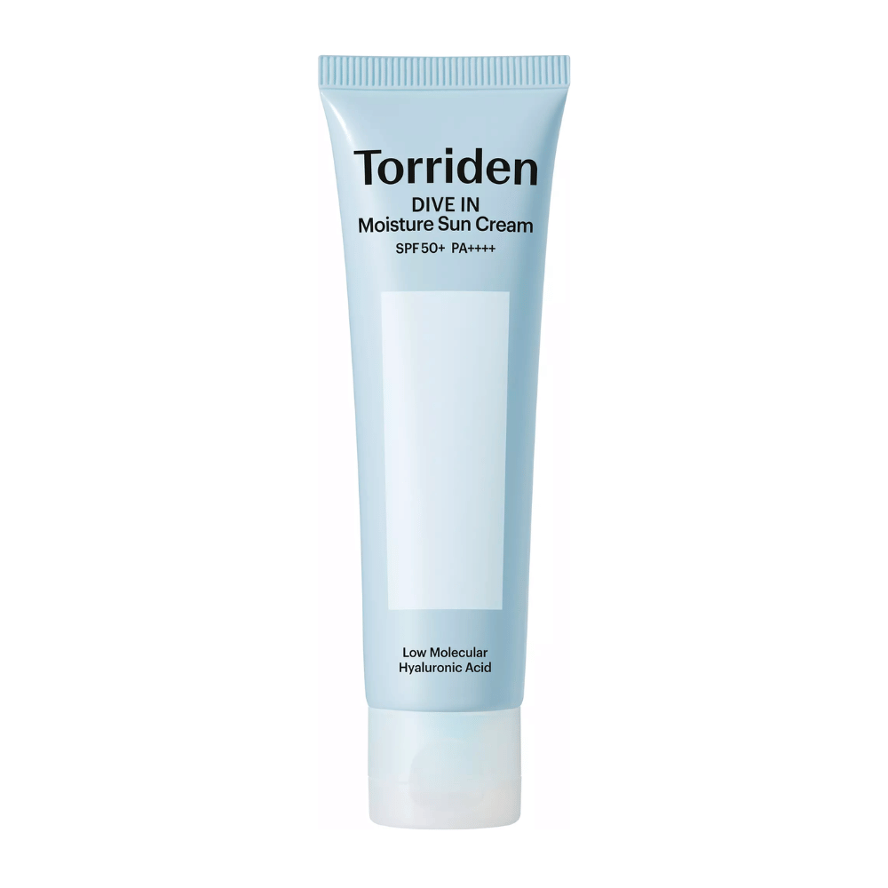 Torriden DIVE-IN Moisture Sun Cream SPF50+ PA++++ zdjęcie produktu na białym tle z niskocząsteczkowym kwasem hialuronowym dla intensywnego nawilżenia i ochrony UV.
