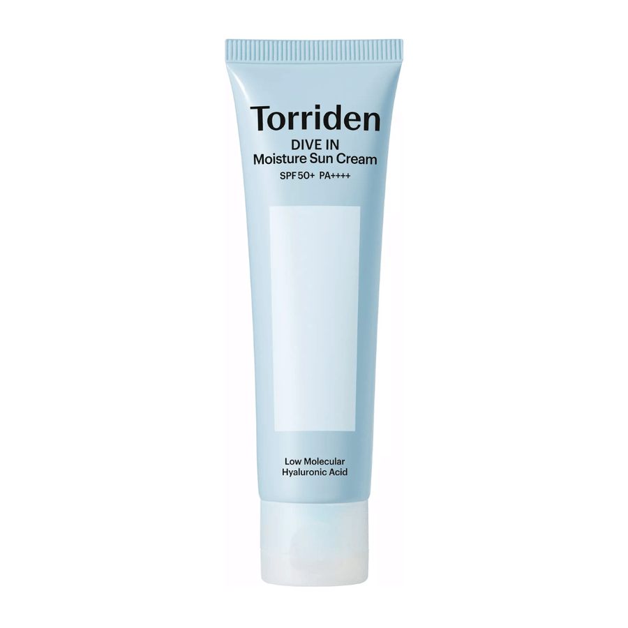 Torriden DIVE-IN Moisture Sun Cream SPF50+ PA++++ zdjęcie produktu na białym tle z niskocząsteczkowym kwasem hialuronowym dla intensywnego nawilżenia i ochrony UV.
