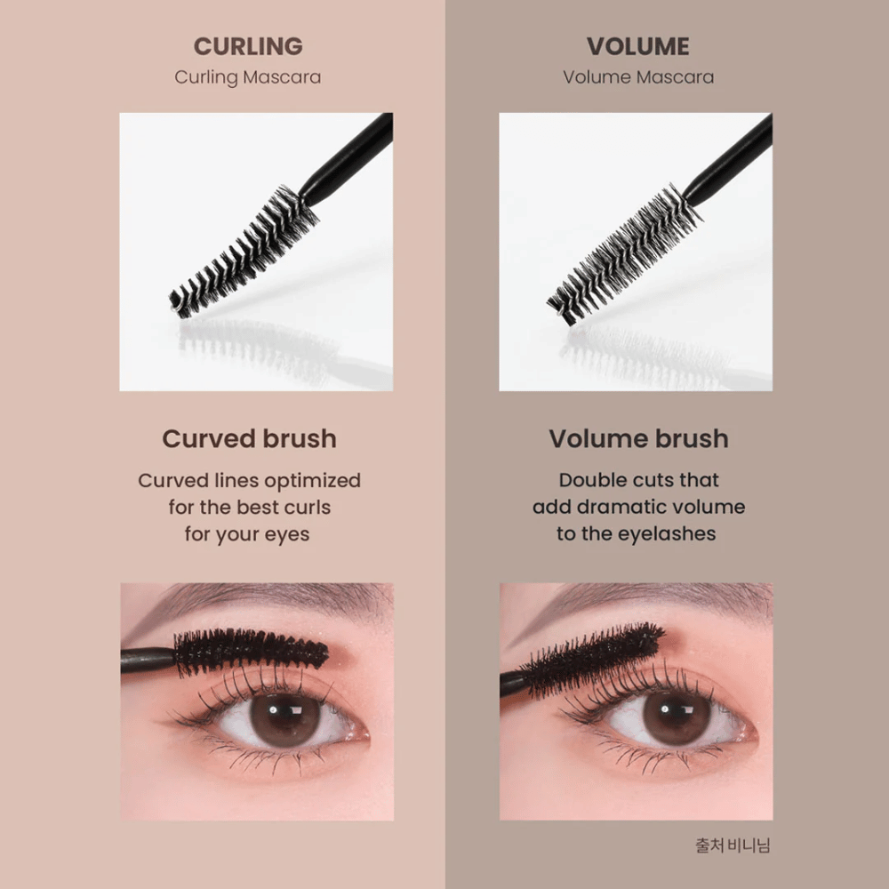Porównanie między Heimish Dailism Smudge Stop Mascara Podkręcaniem i Objętością, które pokazuje różnicę między podkręconymi rzęsami a intensywną objętością.