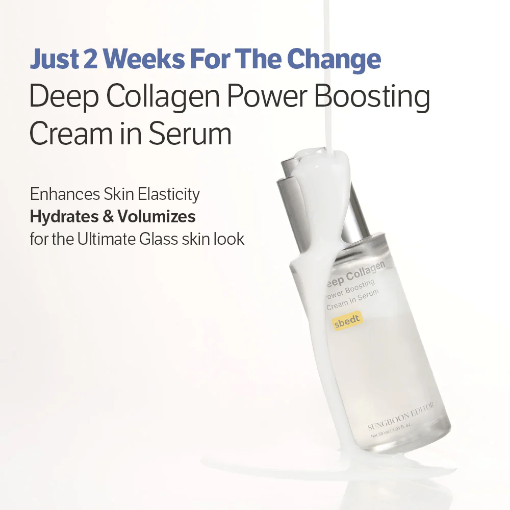 Sungboon Editor Deep Collagen Power Boosting Cream in Serum pokryty płynnym kremem. Produkt nawilża, wzmacnia elastyczność i nadaje skórze szklisty wygląd.