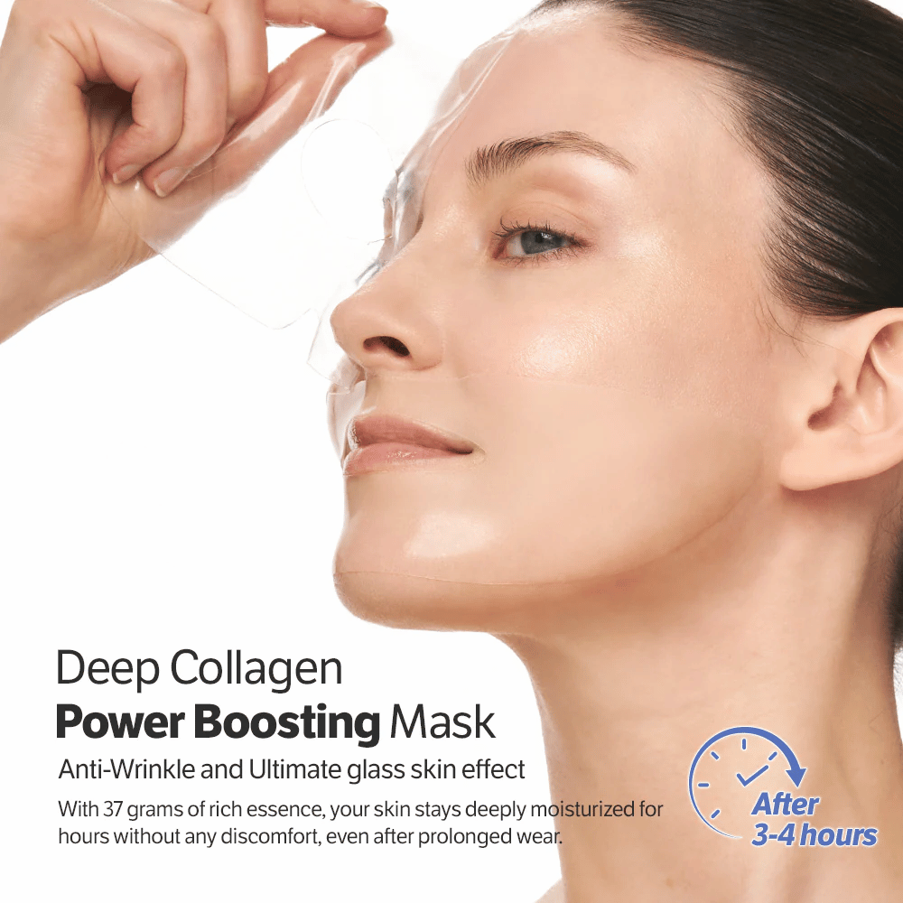 Kobieta nakłada Sungboon Editor Deep Collagen Power Boosting Mask, przeciwstarzeniowy Maseczka w płachcie, który zapewnia nawilżenie i szklistą skórę.