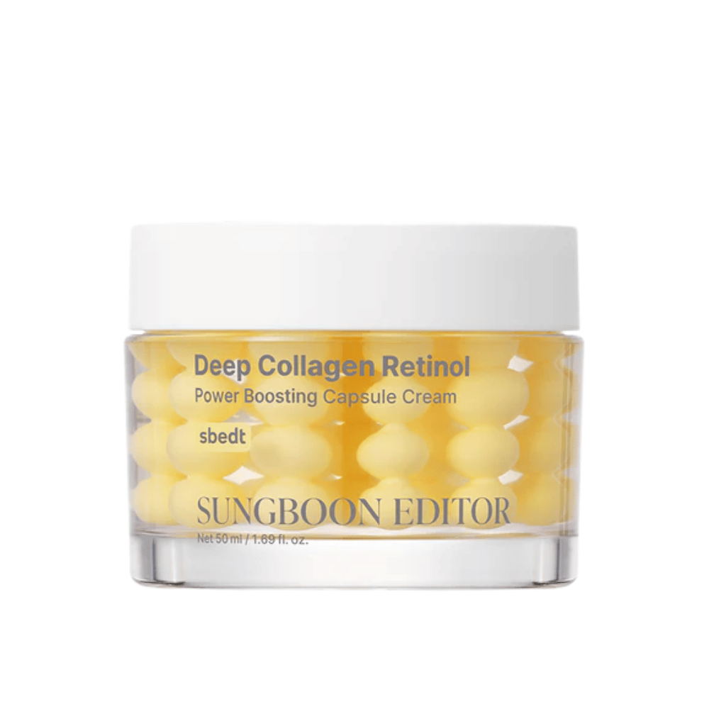 Sungboon Editor Deep Collagen Retinol Capsule Cream w szklanym słoiku z żółtymi kapsułkami. Potężny krem przeciwstarzeniowy z retinolem i kolagenem.