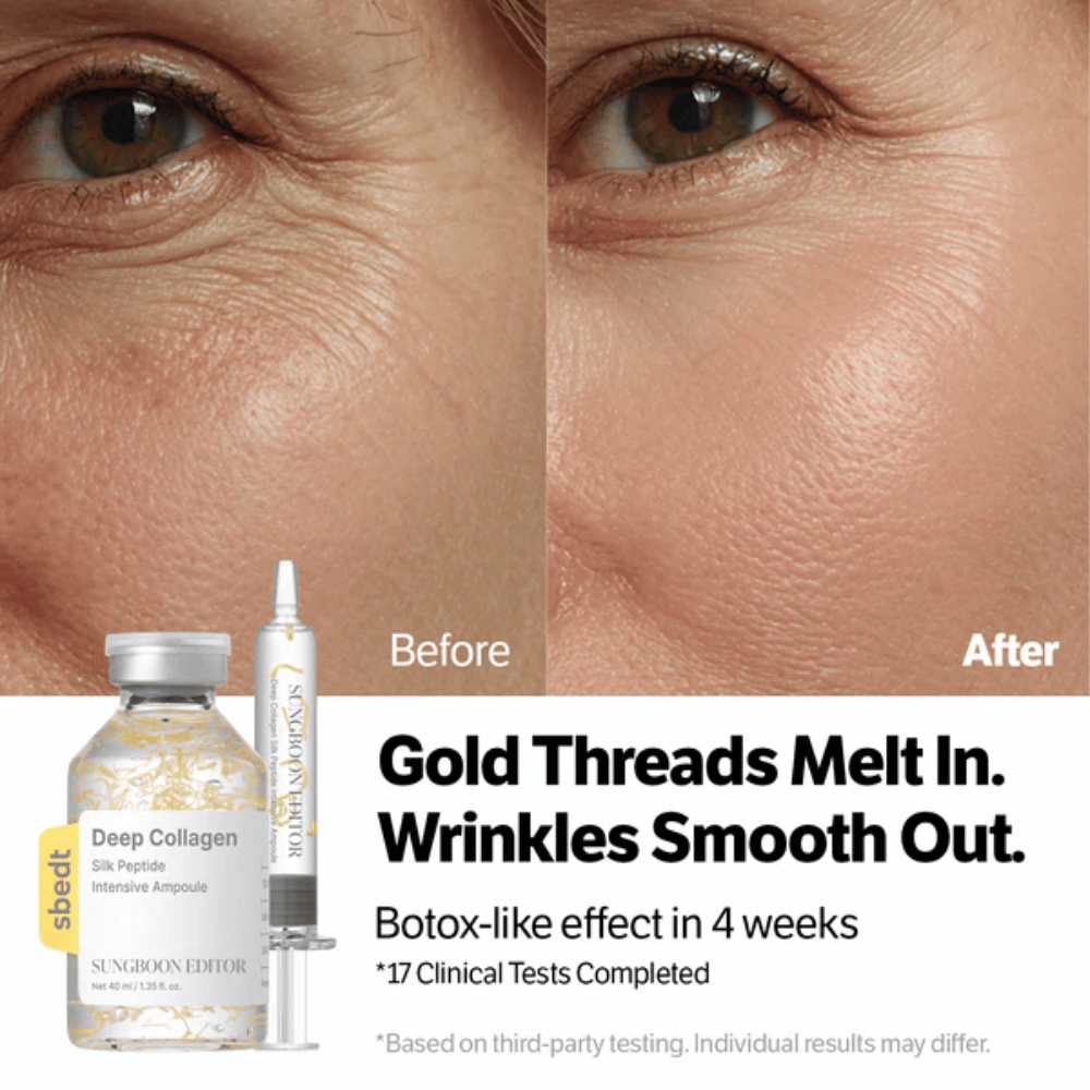 SUNGBOON EDITOR Deep Collagen Silk Peptide Intensive Ampoule – serum z peptydami, które pomaga zmniejszyć zmarszczki i poprawić elastyczność skóry dla gładszego efektu.