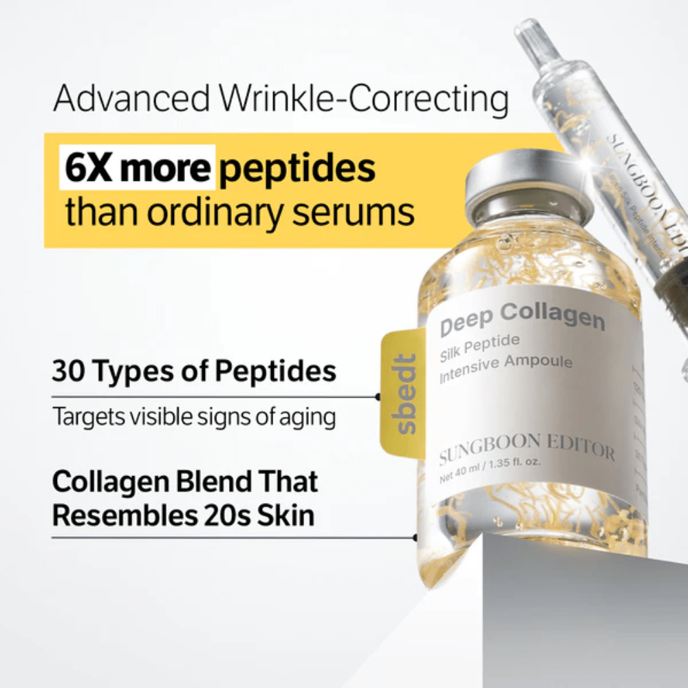 SUNGBOON EDITOR Deep Collagen Silk Peptide Intensive Ampoule – zaawansowane serum z kolagenem i peptydami, które pomaga poprawić jędrność skóry i zmniejszyć widoczne oznaki starzenia.
