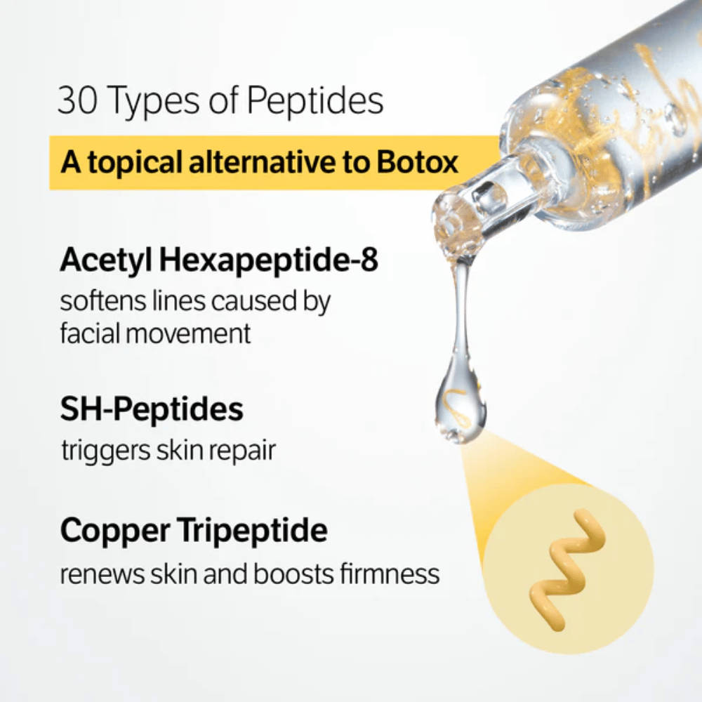 SUNGBOON EDITOR Deep Collagen Silk Peptide Intensive Ampoule z 30 rodzajami peptydów, które pomagają redukować drobne linie, wzmacniać skórę i poprawiać jej strukturę.