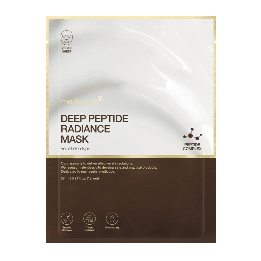 Przód Medicube Deep Peptide Radiance Mask, wegańska Maseczka w płachcie z kompleksem peptydowym dla nawilżenia i blasku.
