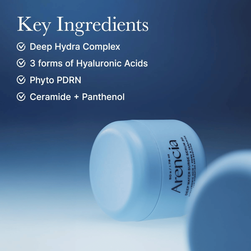 Arencia Deep Water Surge Serum 30 – kluczowe składniki z kwasem hialuronowym, Phyto PDRN, ceramidami i pantenolem