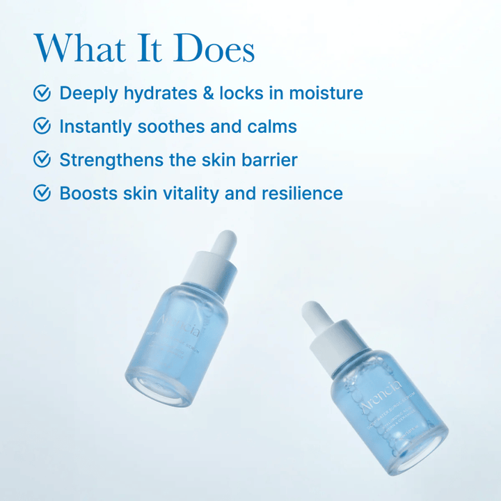 Dwie butelki Arencia Deep Water Surge Serum podkreślające lekką, wodnistą konsystencję serum dla intensywnego nawilżenia i zrównoważonej skóry.