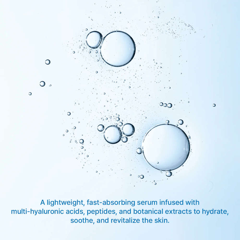 Ilustracja pęcherzyków wody symbolizujących intensywne nawilżenie od Arencia Deep Water Surge Serum z multi-kwasem hialuronowym i szybko wchłaniającą się formułą.