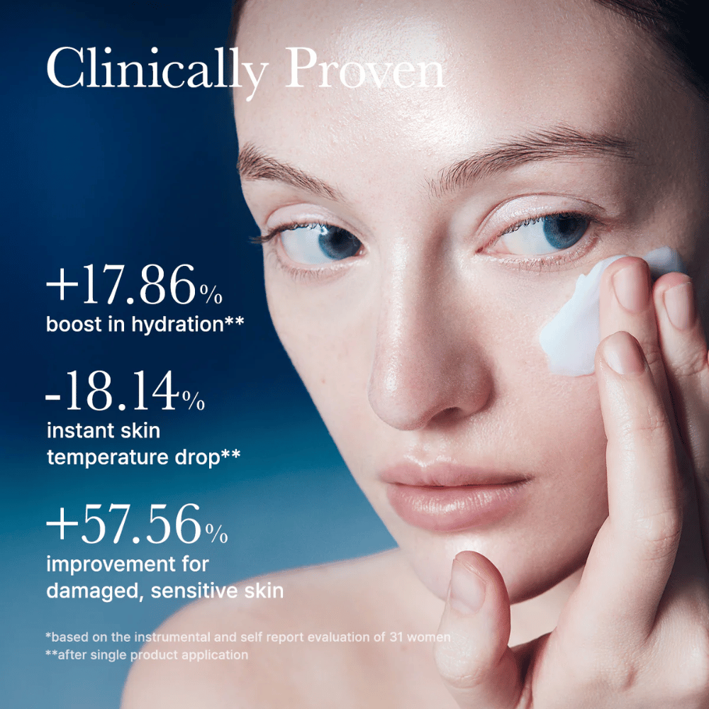 Klinicznie testowany Arencia Deep Water Surge Soothing Cream, który poprawia nawilżenie skóry, obniża temperaturę skóry i wzmacnia wrażliwą skórę po aplikacji.
