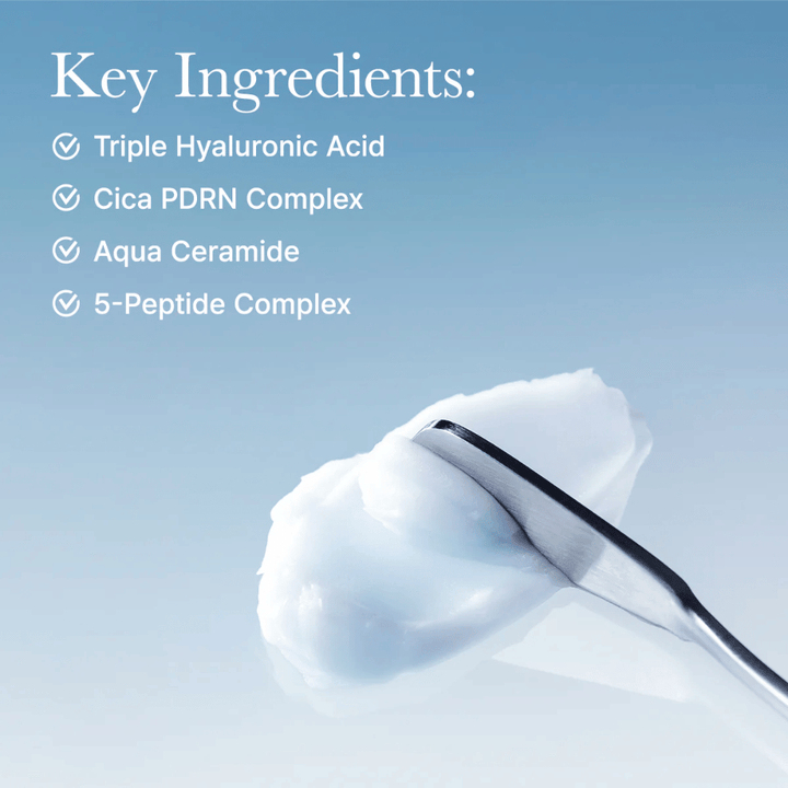 Kluczowe składniki w Arencia Deep Water Surge Soothing Cream z potrójnym kwasem hialuronowym, Cica PDRN, aqua ceramidami i kompleksem 5-peptydowym dla intensywnego nawilżenia i wsparcia bariery skórnej.