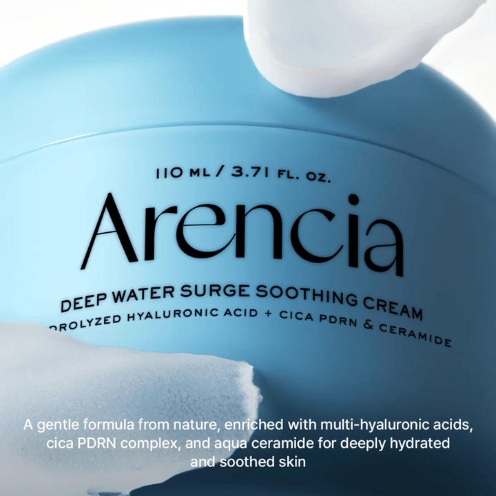 Arencia Deep Water Surge Soothing Cream z kwasem hialuronowym, Cica PDRN i ceramidami – kojący krem do twarzy, który głęboko nawilża i wzmacnia barierę skórną dla wrażliwej i suchej skóry.