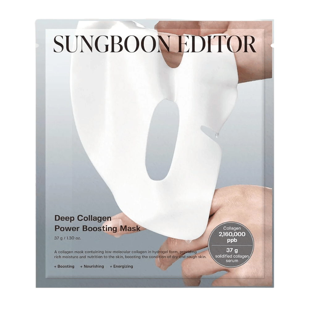 Sungboon Editor Deep Collagen Power Boosting Mask 37 g, kolagen Maseczka w płachcie w srebrnym opakowaniu, który nawilża, wzmacnia i odżywia skórę.