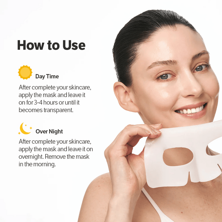 Kvinna som håller Sungboon Editor Deep Collagen Power Boosting Mask med instruktioner för användning dagtid och natt.
