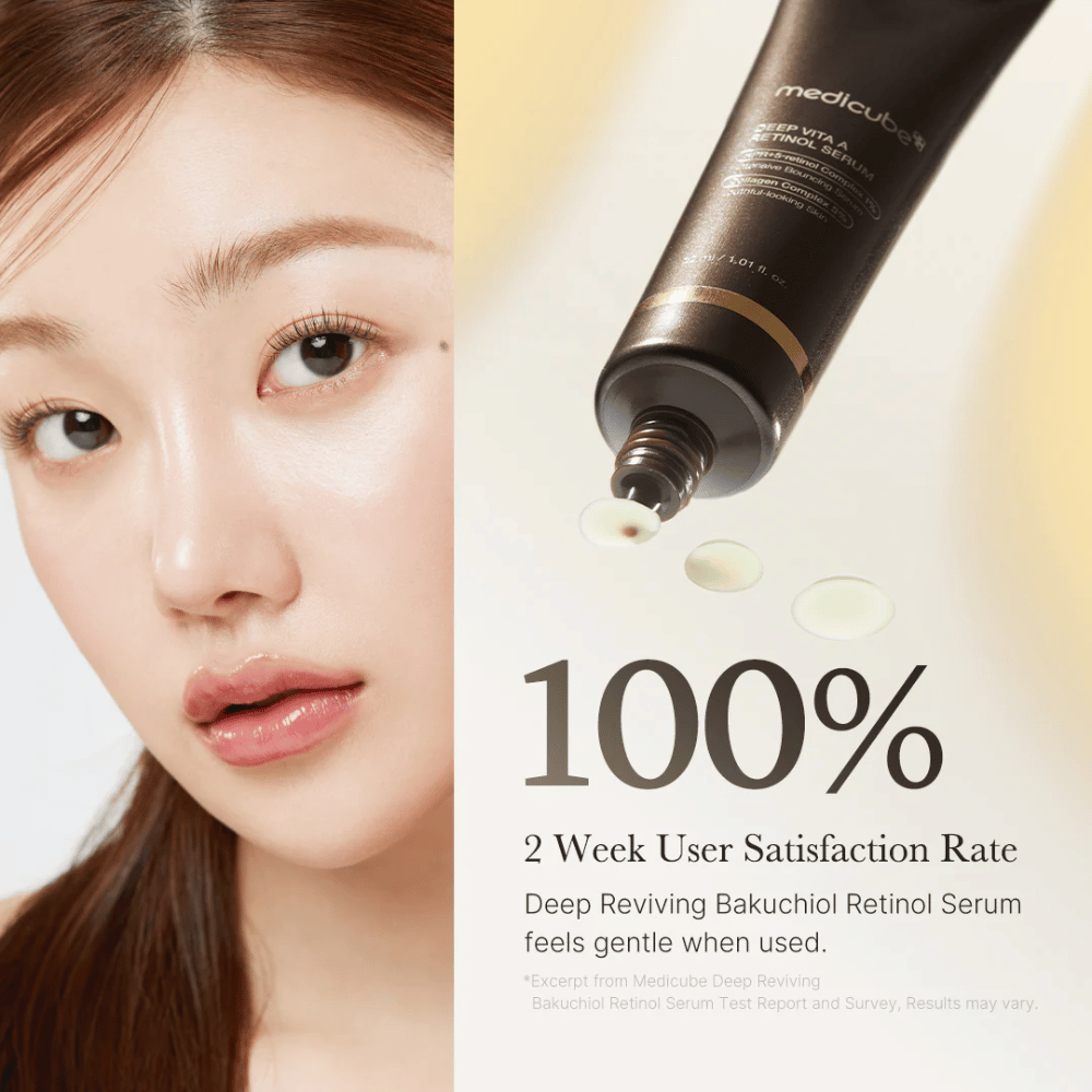 Zdjęcie reklamowe dla Medicube Deep Vita A Retinol Serum z zbliżeniem na kobietę, tubę produktu i tekstem pokazującym 100% zadowolenia użytkowników po dwóch tygodniach.