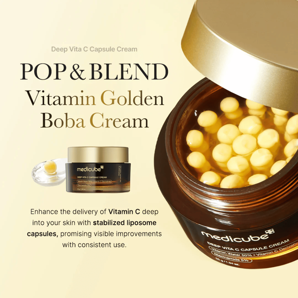 Opakowanie "Medicube Deep Vita C Capsule Cream", kremu wzbogaconego witaminą C, zawierającego stabilizowane kapsułki liposomowe dla skutecznego przenikania w głąb skóry. Tekst "POP & BLEND Vitamin Golden Boba Cream" podkreśla właściwości produktu, a wizualna prezentacja pokazuje kapsułki, które obiecują widoczne poprawy przy ciągłym stosowaniu.