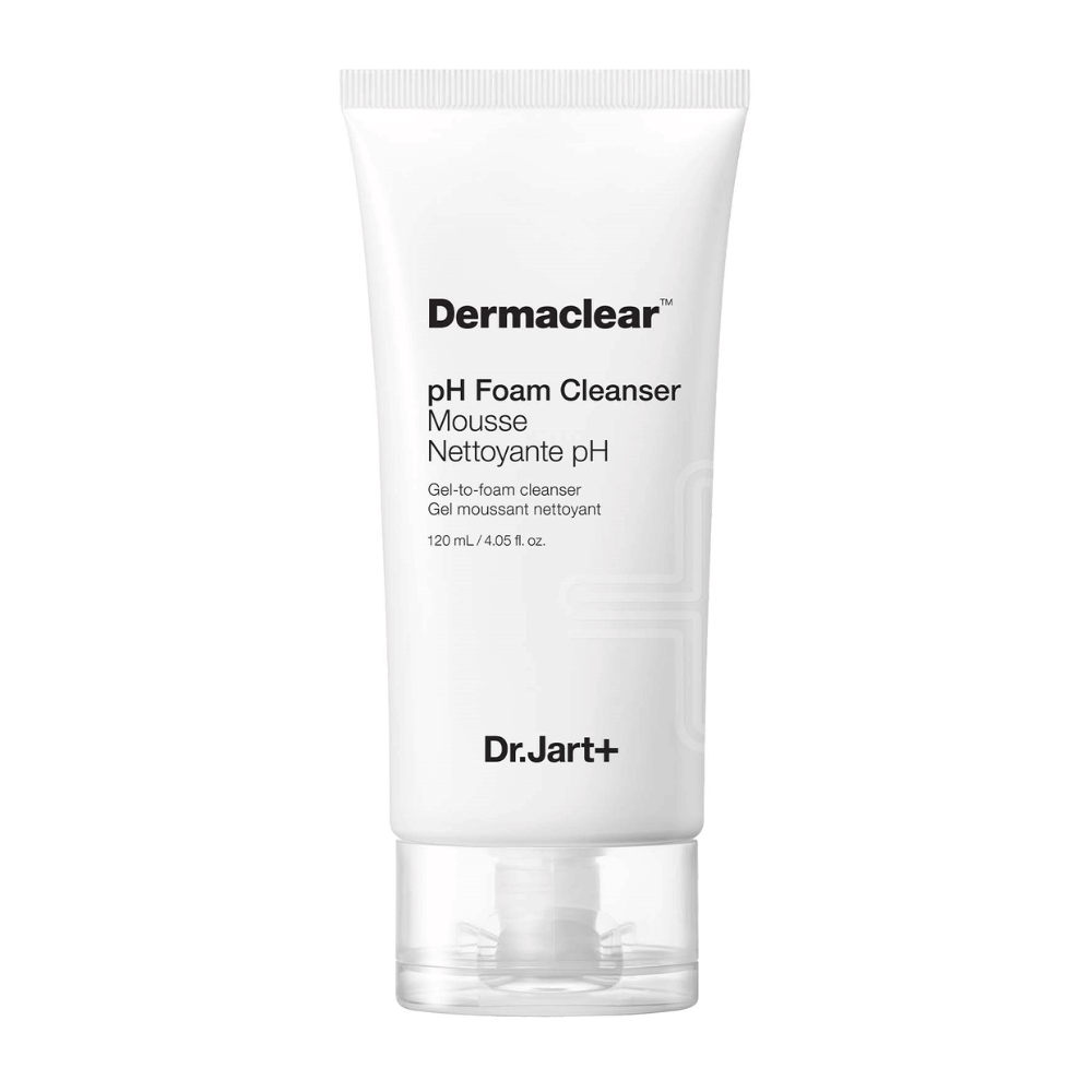 Biała tuba Dr.Jart+ Dermaclear pH Foam Cleanser z czarnym tekstem, stojąca pionowo na białym tle.