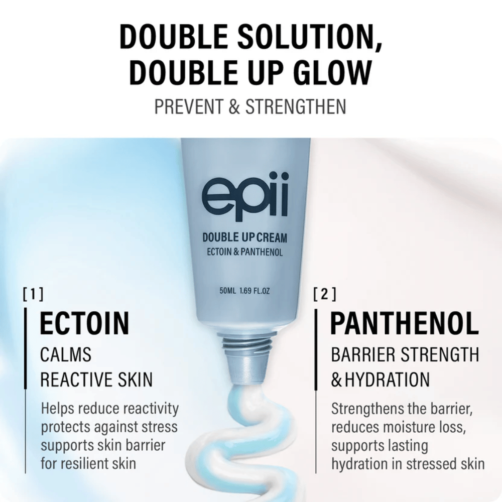 EPII Double Up Cream z ektoiną i pantenolem – nawilżający krem do twarzy, który koi skórę, wzmacnia barierę ochronną skóry i zapewnia długotrwałe nawilżenie.