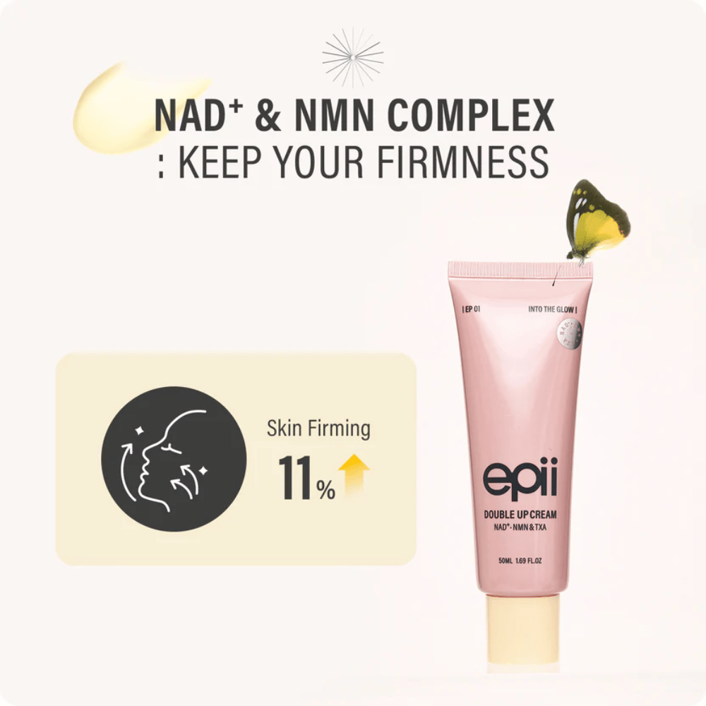 EPII Double Up Cream z NAD+ i NMN, który przyczynia się do ujędrnienia skóry, poprawy elastyczności i młodzieńczego blasku.