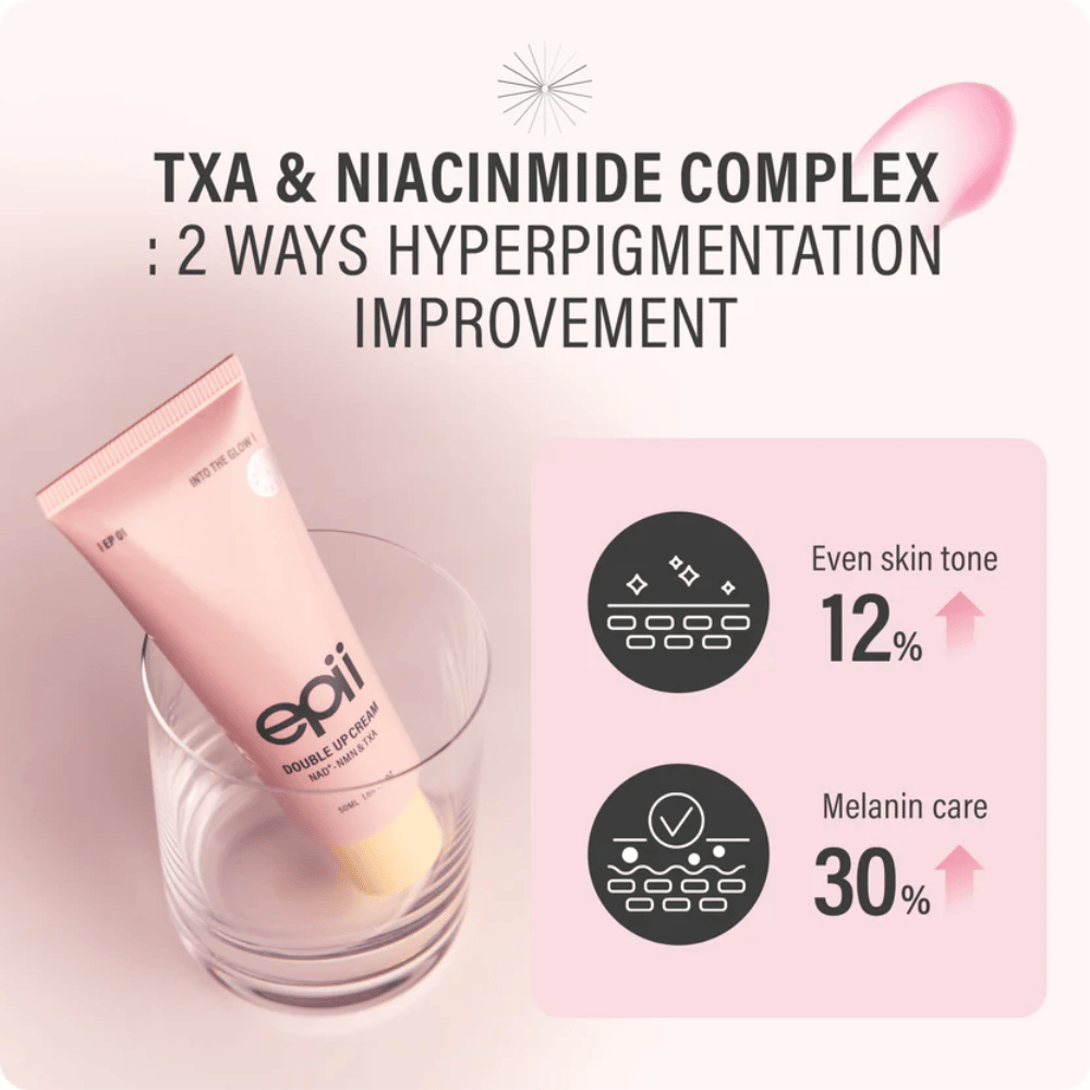 EPII Double Up Cream z NAD+, NMN, kwasem traneksamowym i niacynamidem, który pomaga wyrównać koloryt skóry i zmniejszyć widoczne przebarwienia.