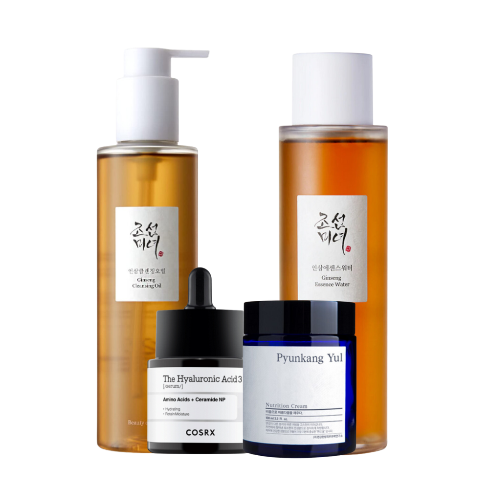 Produkty kosmetyczne, w tym olejek oczyszczający z żeń-szenia, woda esencjonalna z żeń-szenia, COSRX serum z kwasem hialuronowym oraz Pyunkang Yul krem odżywczy.