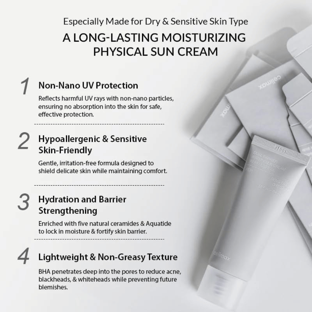 Celimax Dual Barrier Watery Sun Cream SPF50+ PA++++ z fizycznym filtrem UV, pięcioma ceramidami i Aquatide, które nawilżają i wzmacniają barierę skórną.