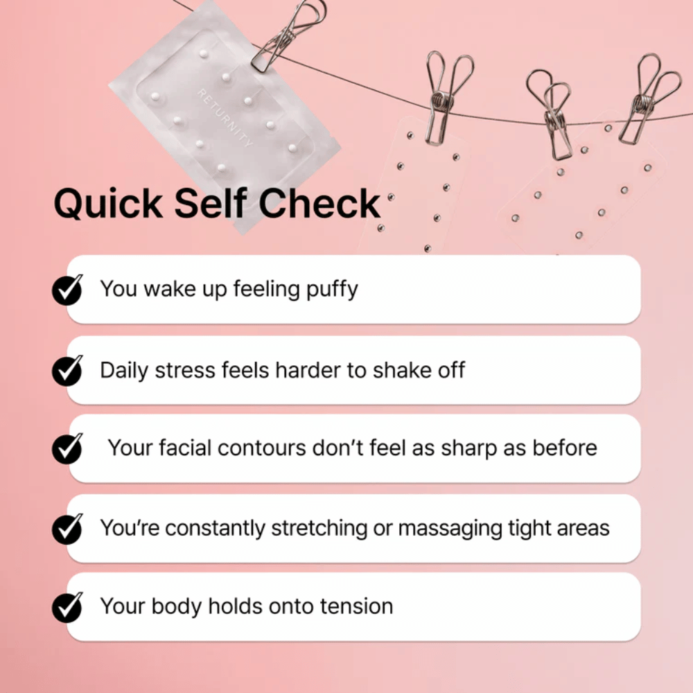 Ilustracja typowych oznak stresu, obrzęku i napięcia. RETURNITY Ear Therapy Acupressure Patch jest przedstawiany jako część codziennej rutyny wellness dla relaksu i równowagi.