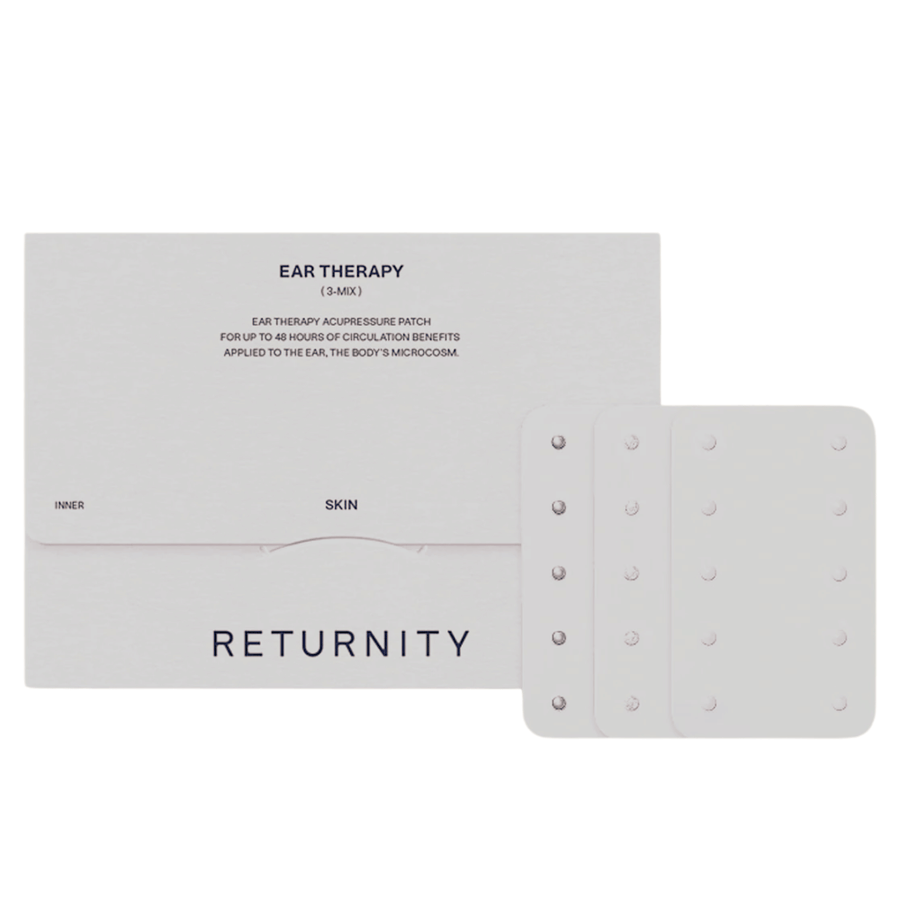 RETURNITY Ear Therapy Acupressure Patch 30pcs (3-Mix) z opakowaniem i trzema różnymi rodzajami plastrów akupresurowych. Zestaw zawiera kilka wariantów do dopasowanej akupresury ucha i codziennego użytku.