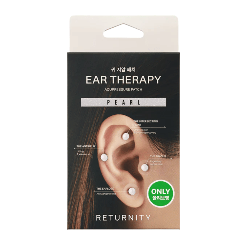 Opakowanie RETURNITY Ear Therapy Acupressure Patch Pearl z ilustracją plastrów na ucho umieszczonych na różnych punktach nacisku na uchu.