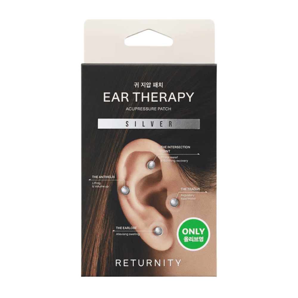 Opakowanie RETURNITY Ear Therapy Acupressure Patch Silver ze srebrnymi plastrami na ucho i zaznaczonymi punktami akupresury na uchu.