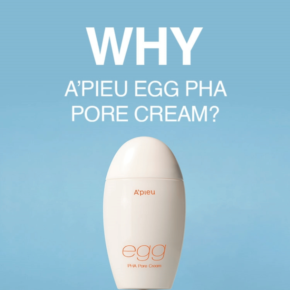 A’pieu Egg PHA Pore Cream w jajowatym opakowaniu na niebieskim tle z napisem "WHY A’PIEU EGG PHA PORE CREAM?", co podkreśla zalety produktu.