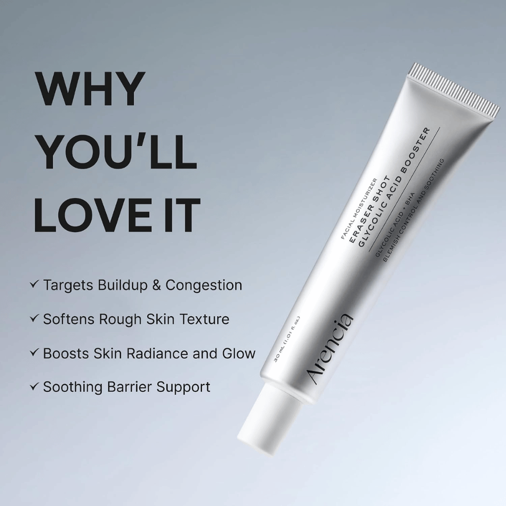 Arencia Eraser Shot Glycolic Acid Booster – złuszczający booster, który wygładza strukturę skóry i nadaje jej blask